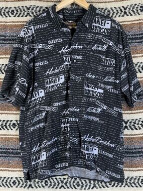 Harley Davidson AOP All Over Print Rayon Shirt Large Black Superior Racing